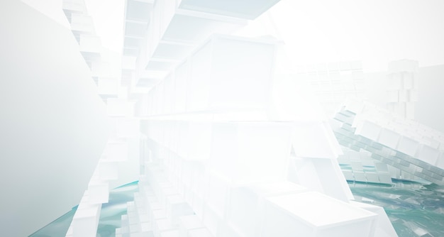 Interior paramétrico abstrato de água branca e azul com ilustração e renderização em 3D de janela