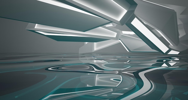 Interior paramétrico abstrato de água branca e azul com ilustração e renderização em 3D de janela