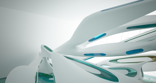 Interior paramétrico abstrato de água branca e azul com ilustração e renderização em 3D de janela