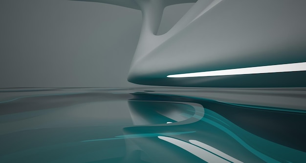 Interior paramétrico abstrato de água branca e azul com ilustração e renderização em 3D de janela