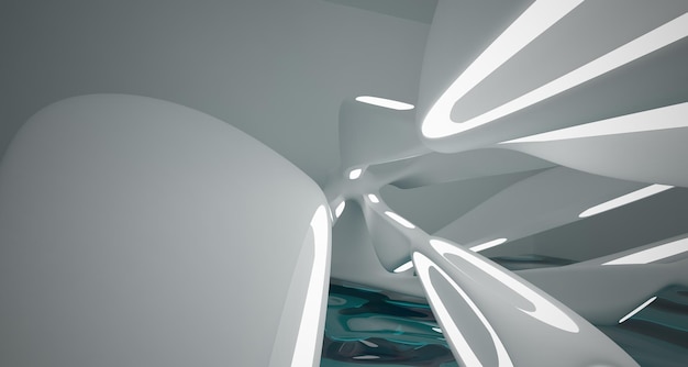Interior paramétrico abstrato de água branca e azul com ilustração e renderização em 3D de janela