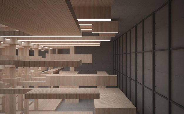 Interior paramétrico abstrato de concreto e madeira com ilustração e renderização em 3D de janela