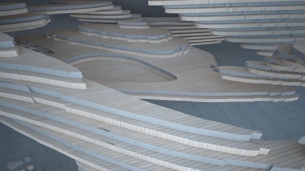 Interior paramétrico abstrato de concreto e madeira com ilustração e renderização em 3D de janela