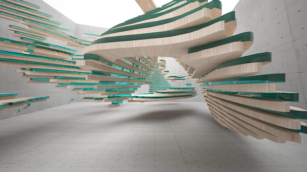 Interior paramétrico abstrato de concreto e madeira com ilustração e renderização em 3D de janela
