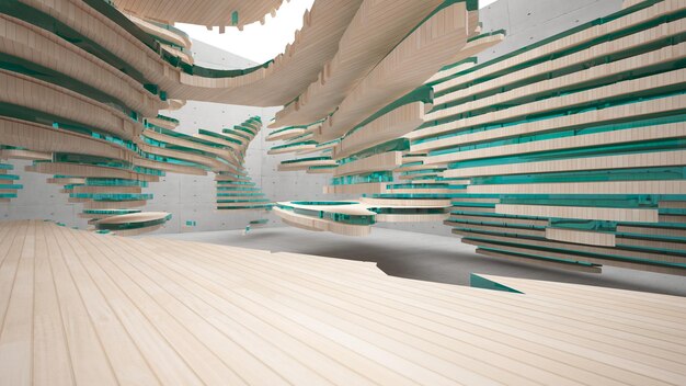 Interior paramétrico abstrato de concreto e madeira com ilustração e renderização em 3D de janela
