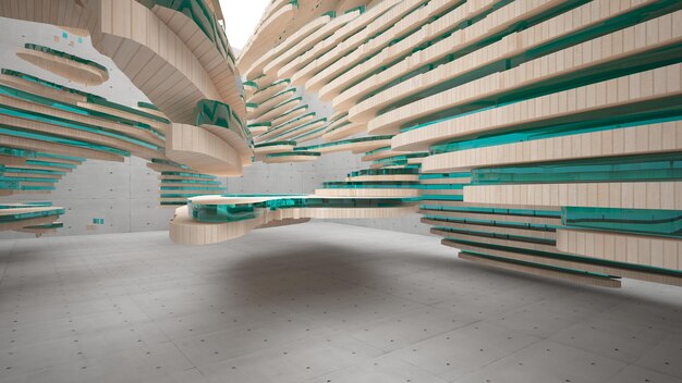 Interior paramétrico abstrato de concreto e madeira com ilustração e renderização em 3D de janela