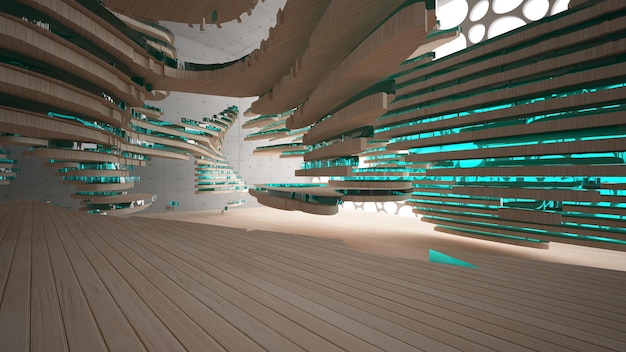 Interior paramétrico abstrato de concreto e madeira com ilustração e renderização em 3D de janela