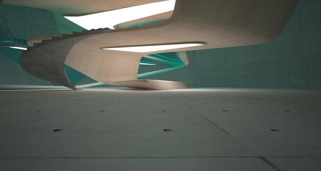 Interior paramétrico abstrato de concreto e madeira com ilustração e renderização em 3D de janela