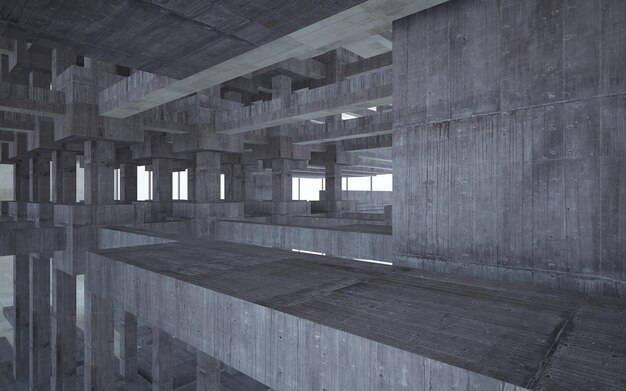 Interior paramétrico blanco y concreto abstracto con ilustración y renderizado 3D de ventana