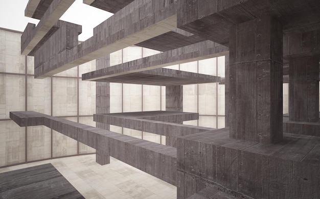 Interior paramétrico blanco y concreto abstracto con ilustración y renderizado 3D de ventana