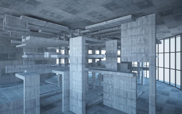 Interior paramétrico blanco y concreto abstracto con ilustración y renderizado 3D de ventana