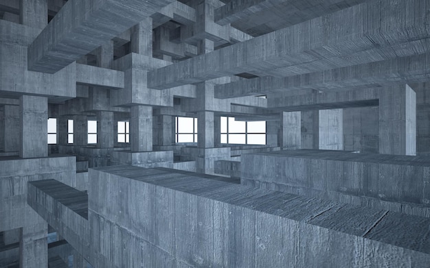 Interior paramétrico blanco y concreto abstracto con ilustración y renderizado 3D de ventana