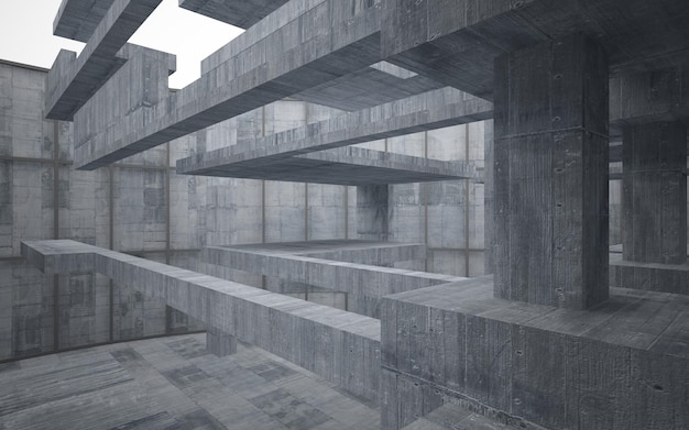 Interior paramétrico blanco y concreto abstracto con ilustración y renderizado 3D de ventana