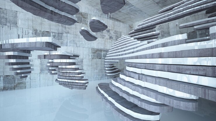 Foto interior paramétrico blanco y concreto abstracto con ilustración y renderizado 3d de ventana