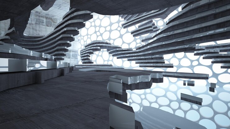 Foto interior paramétrico blanco y concreto abstracto con ilustración y renderizado 3d de ventana
