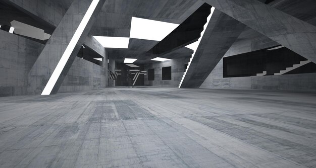 Interior paramétrico blanco y concreto abstracto con ilustración y renderizado 3D de ventana