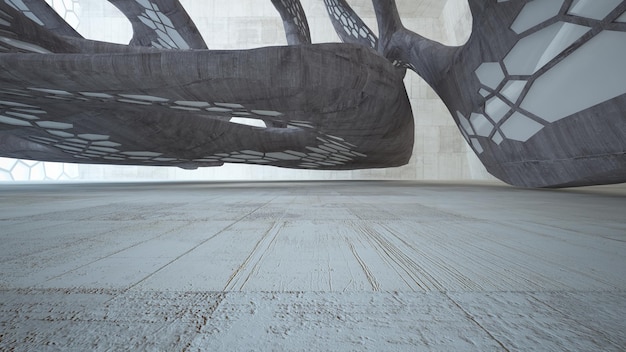 Interior paramétrico concreto branco e marrom abstrato com ilustração e renderização 3D da janela