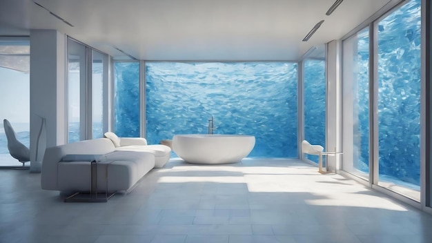 Interior paramétrico de água branca e azul abstrata com ilustração e renderização em janela 3D
