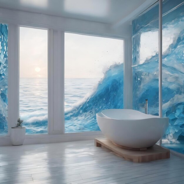 Interior paramétrico de água branca e azul abstrato com ilustração e renderização de janela 3D