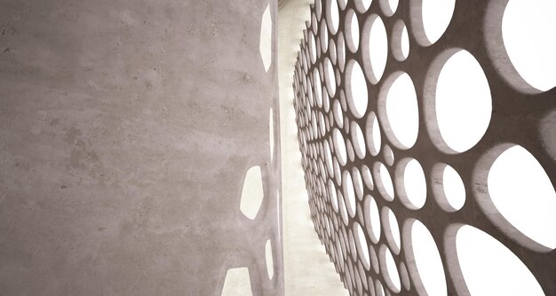 Interior paramétrico de concreto abstrato com ilustração 3D de iluminação neon e renderização