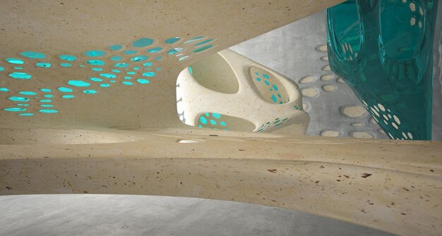 Interior paramétrico de concreto abstrato com ilustração 3D de iluminação neon e renderização