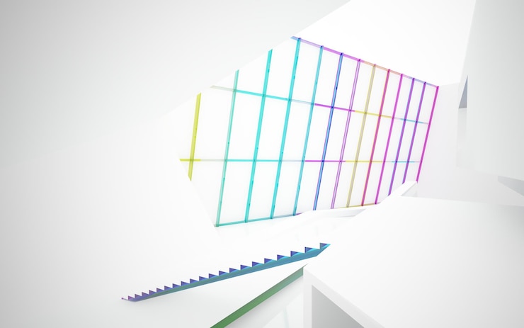 Foto interior paramétrico de gafas degradadas blancas y de colores abstractos con ilustración de ventana 3d