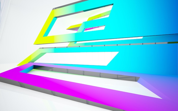 Foto interior paramétrico de gafas degradadas blancas y de colores abstractos con ilustración de ventana 3d