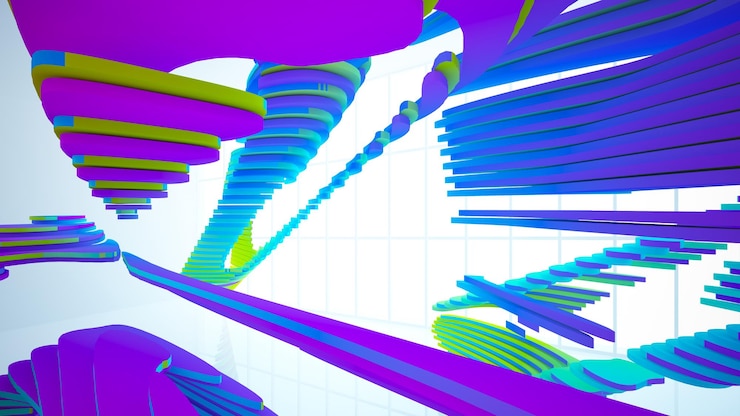 Foto interior paramétrico de gafas degradadas blancas y de colores abstractos con ventana modelo 3d