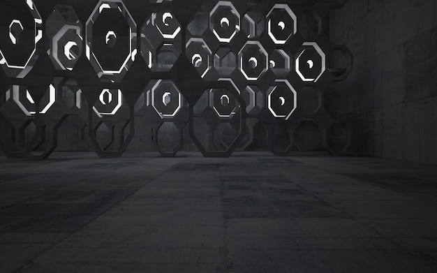 Foto interior paramétrico de hormigón abstracto con iluminación de neón. ilustración y renderizado 3d.