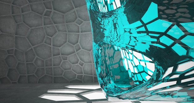 Foto interior paramétrico de hormigón abstracto con ilustración y renderizado 3d de iluminación de neón