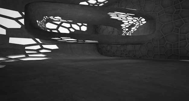 Interior paramétrico de hormigón abstracto con ilustración y renderizado 3D de iluminación de neón