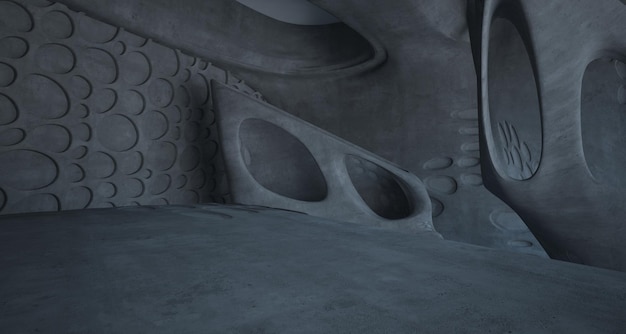 Interior paramétrico de hormigón abstracto con ilustración y renderizado 3D de iluminación de neón