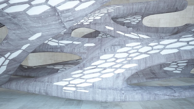 Interior paramétrico de hormigón blanco y marrón abstracto con ilustración y renderizado 3D de ventana