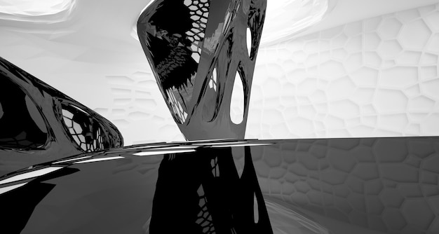 Interior paramétrico liso blanco y negro abstracto con ilustración y renderizado 3D de ventana