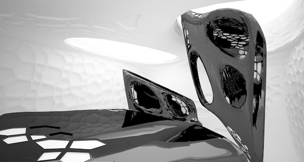 Interior paramétrico liso blanco y negro abstracto con ilustración y renderizado 3D de ventana
