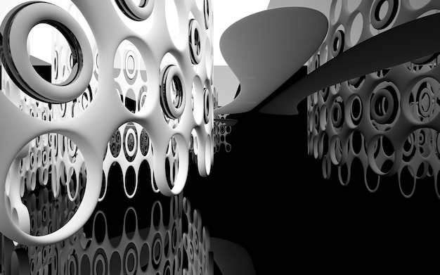 Interior paramétrico liso blanco y negro abstracto con ventana. Ilustración y renderizado 3D.