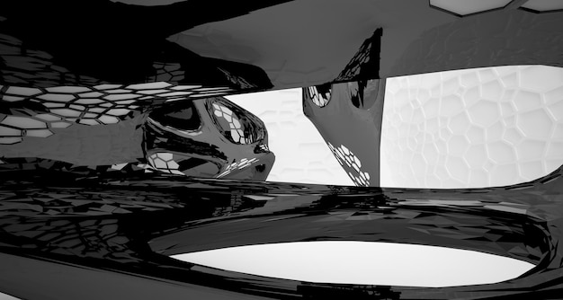 Interior paramétrico liso branco e preto abstrato com ilustração e renderização 3D da janela