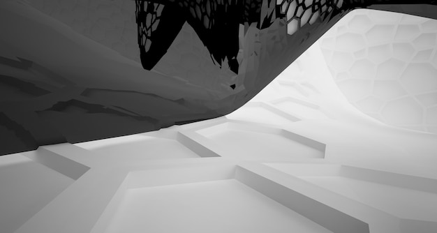 Interior paramétrico liso branco e preto abstrato com ilustração e renderização 3D da janela