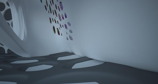 Interior paramétrico liso branco e preto abstrato com ilustração e renderização 3D da janela