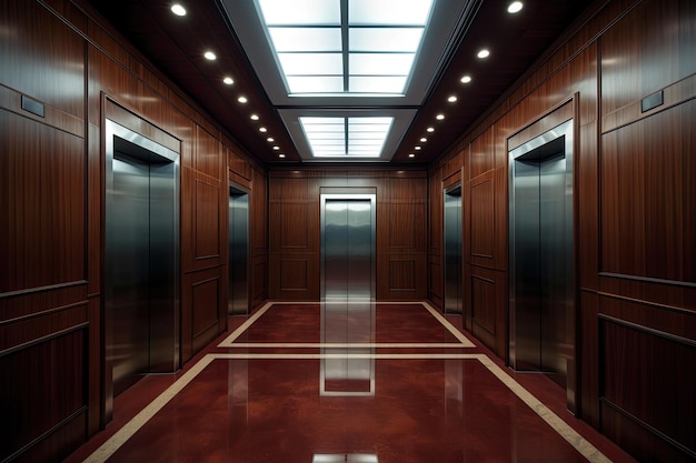 Foto interior de una pared de madera del pasillo del hotel con puertas de ascensor y puertas de vidrio foto de alta calidad