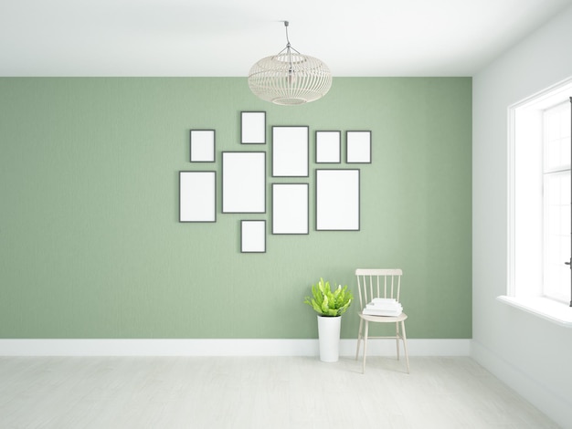 Interior de pared verde con muchos marcos de cuadros, silla decorativa y piso de madera justa