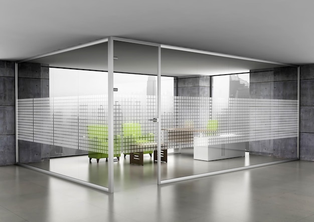 Interior de partición de estación de trabajo de oficina vacía de representación 3D