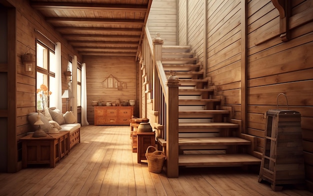 Interior del pasillo de la casa de encanto rústico con escaleras de madera