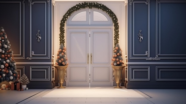 Interior de pasillo elegante con puerta decorada y regalos de Navidad