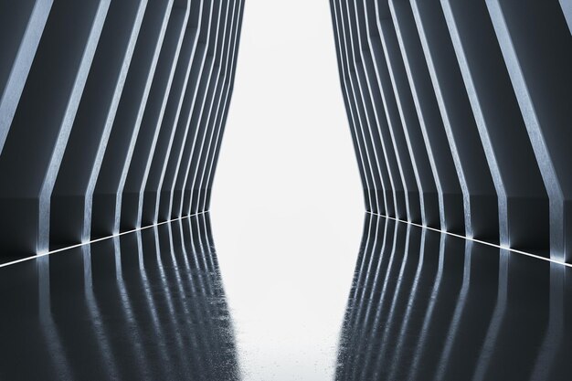 Interior de pasillo gris futurista contemporáneo con reflejos Concepto de nave espacial Renderizado en 3D