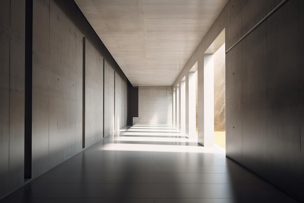 Interior de pasillo de hormigón moderno con lugar de maqueta vacío en pilares de pared y luz diurna generada por IA