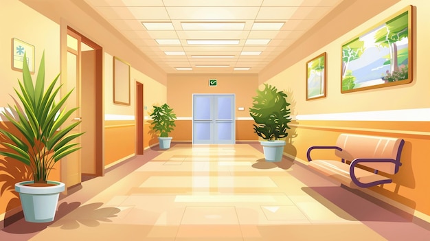 Interior de un pasillo del hospital Ilustración vectorial en estilo de dibujos animados