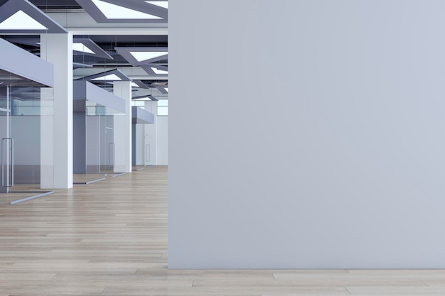 Interior de pasillo de oficina de hormigón moderno con lugar de maqueta vacío en puertas de vidrio de suelo de madera de pared con reflejos de vista de la ciudad Concepto de lugar de trabajo Representación 3D