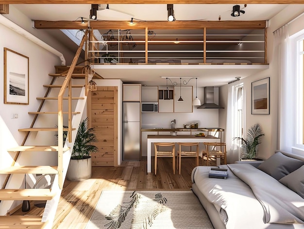 Interior de una pequeña casa moderna con un entrepiso con cama y una sala de estar con cocina