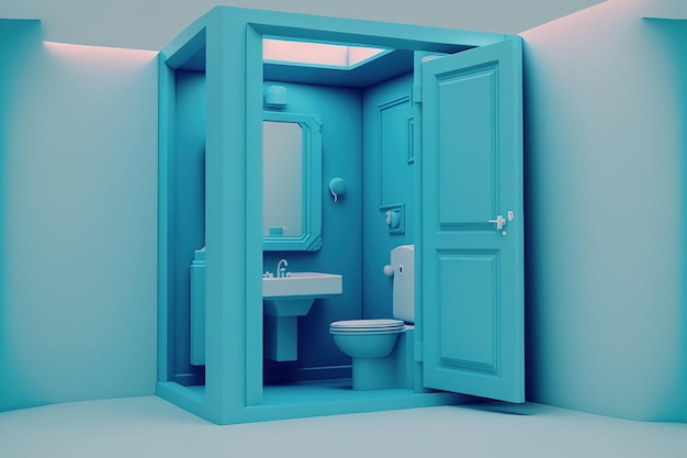 Interior de un pequeño baño azul